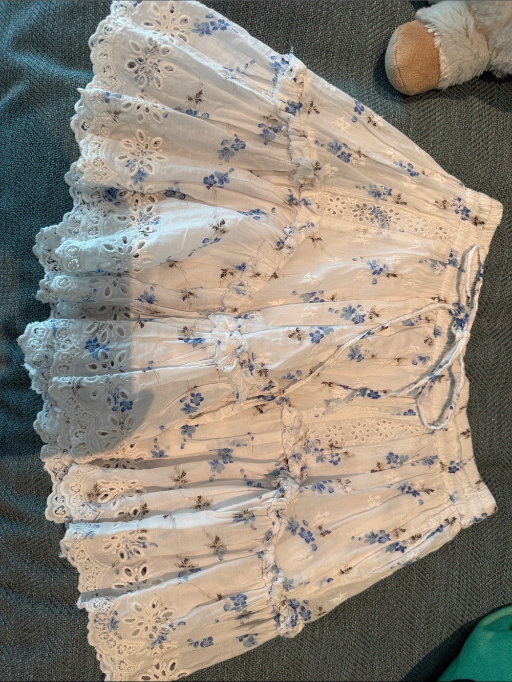LoveShackFancy White Tiered Eyelet Skirt with Blue Floral Print